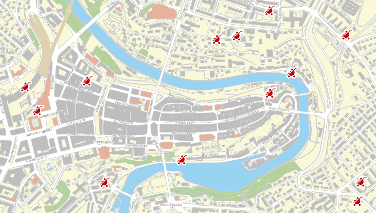 Ausschnitt aus dem Stadtplan mit  Kinderwagen Piktogrammen darauf